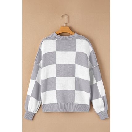 Gray Checkered Bishop Sleeve Sweater