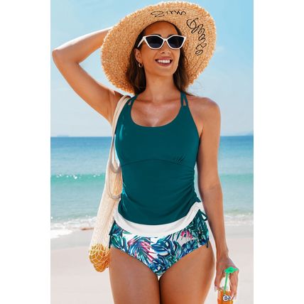 Sea Green Drawstring Tummy Control Mix-and-match 2pcs Tankini Swimsuit