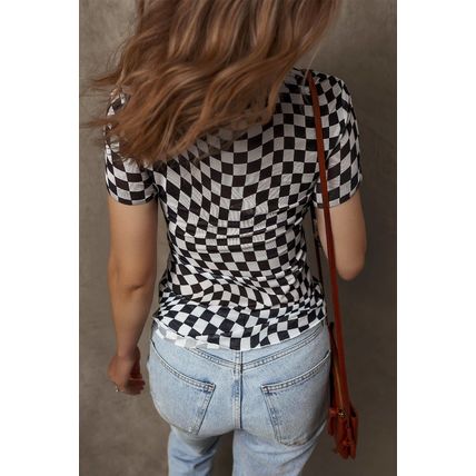 Black Checker Mesh Crew Neck T Shirt