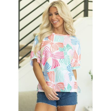 Multicolour Bowknot Printed Waffle Crewneck Loose Short Sleeve Top