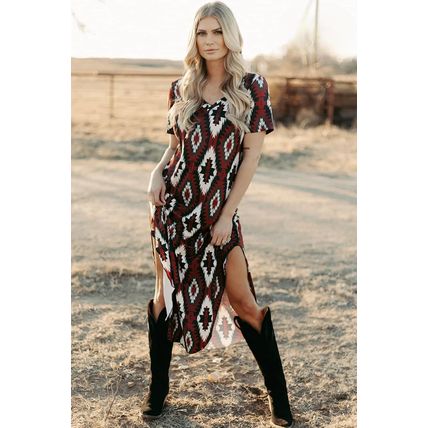 Red Western Aztec Printed Long T-shirt Dress