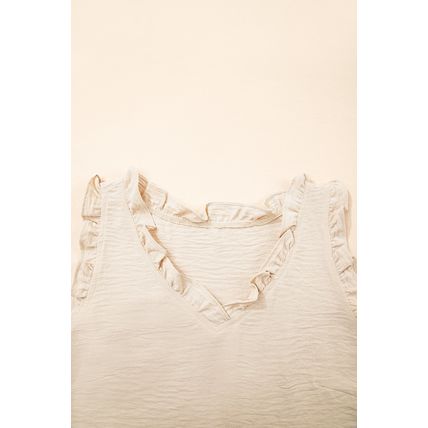 Parchment Textured Frilly Trim V Neck Sleeveless Top