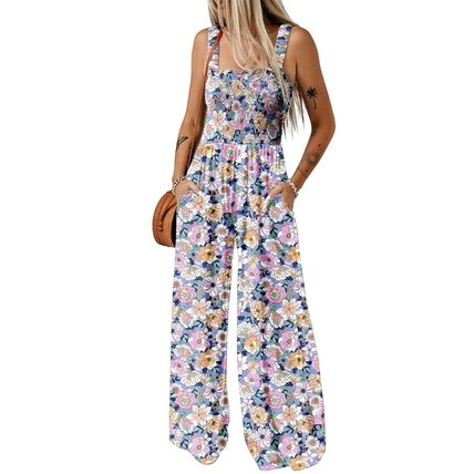 Purple Floral Print Smocked High Waist Square Neck Jumpsuit