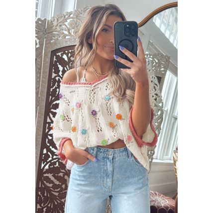 Delicacy Embroidered Flowers Colorblock Edge Hollowed Sweater