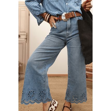 Dusk Blue Embroidered Cropped Wide Leg High Waist Jeans