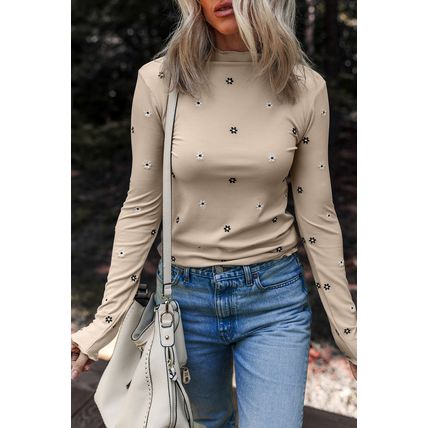 Jet Stream Floral Embroidered Detail Ribbed Long Sleeve Top