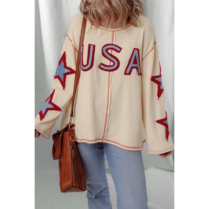 Beige USA Star Contrast Patchwork Exposed Seam Long Sleeve Top