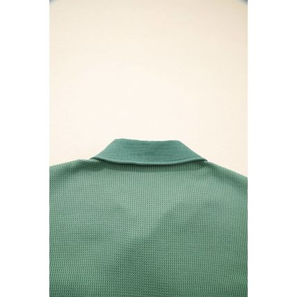 Grass Green Waffle Knit Vintage Patchwork Button Up Loose Shirt