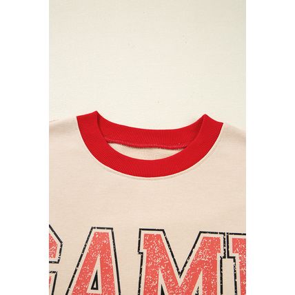 Oatmeal GAME DAY Letter Graphic Varsity Striped Detail Baggy Sweatshirt