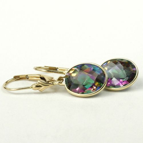 Mystic Fire Topaz, 14KY Gold Leverback Earrings, E101