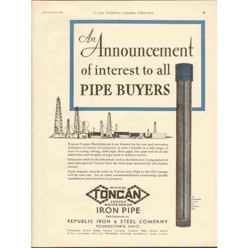 REPUBLIC IRON STEEL COMPANY 1930 Announcement pipe oil vintage ad