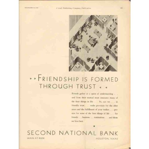 SECOND NATIONAL BANK HOUSTON 1930 Friendship formed trust vintage ad