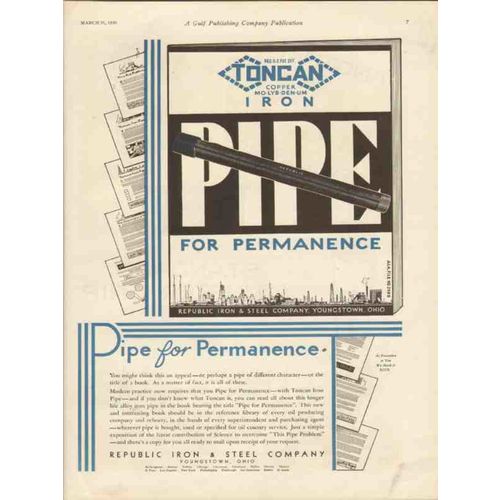 REPUBLIC IRON STEEL COMPANY 1930 pipe permanence oil vintage ad