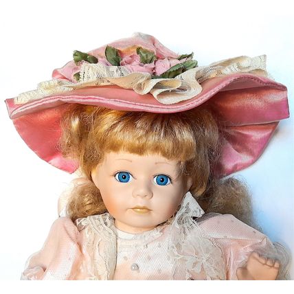 LEONARDO PORCELAIN DOLL - PINK SATIN DRESS - WHITE LACE 32 cm sitting VERY GOOD