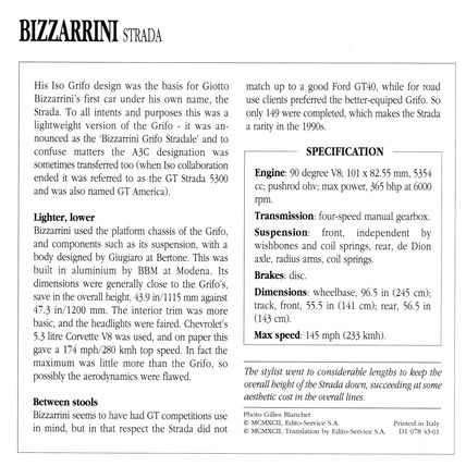 Collectors Club card. Classic Cars. Bizzarrini Strada