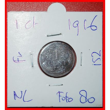 Ⰶ RAMPANT LION (1913-1941): NETHERLANDS★1 CENT 1916! HOLDER★LOW START★NO RESERVE