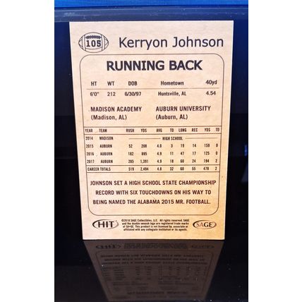 KERRYON JOHNSON 2018 SAGE HIT ROOKIE FOOTBALL CARD#105
