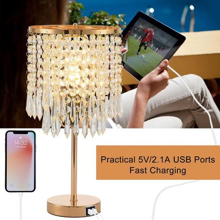 Crystal Table Lamps Set of 2, Gold Lamps for Nightstand with 2 USB Charging Port