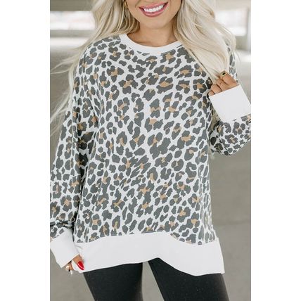 White Printed Solid Trim Leopard Print Top