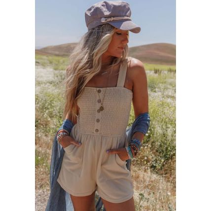 Beige Buttons Smocked Sleeveless Romper