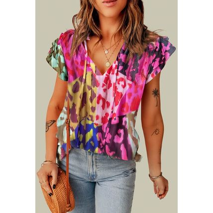 Rose Leopard Flutter Sleeve V Neck Crinkled Blouse