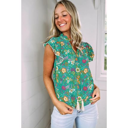 Green Lace Trim Flutter Sleeve Tropical Floral Blouse