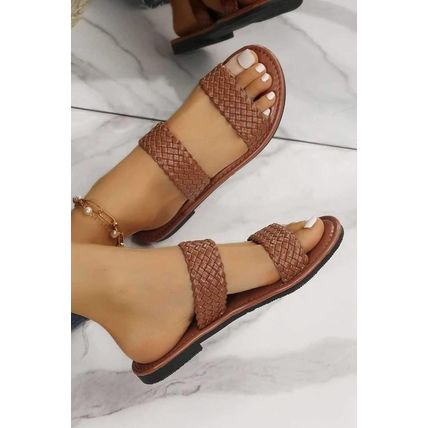 Chestnut Braided Double Band Leathered Flat Slippers
