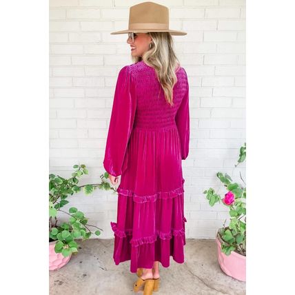 Rose Red Shirred V Neck Tiered Ruffled Velvet Plus Size Maxi Dress