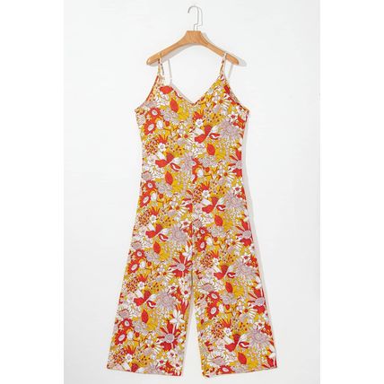 Orange Floral V Neck Wide Leg Sleeveless Jumpsuit