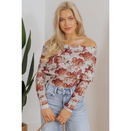 Pink Floral Printed Long Sleeve Sheath Bodysuit
