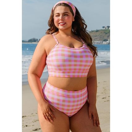 Pink Plus Size Plaid Print High Waist Bikini Set