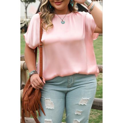 Pink Metallic Gloss Short Batwing Sleeve Plus Size Top
