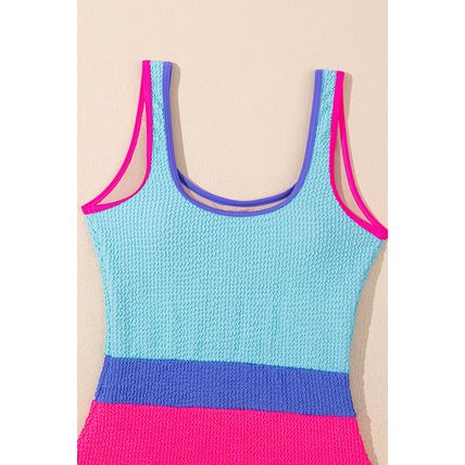 Rose Red Textured Color Block Patchwork One Piece Swimsuit