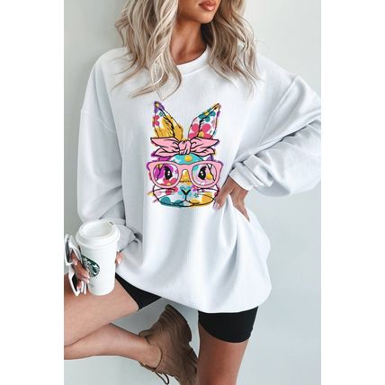 White Floral Rabbit with Glasses Graphic Corded Easter Sweatshirt