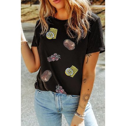 Black Sequin Crawfish Potato Lemon Corn Graphic Crewneck T Shirt