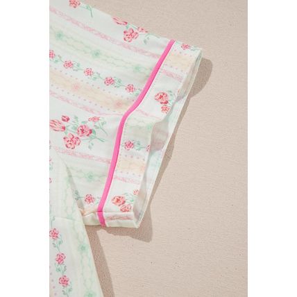 Beige Floral Print Contrast Pipping Short Pajamas Set