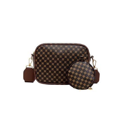 Coffee Checkered Print PU Leather Shoulder Bag with Coin Wallet
