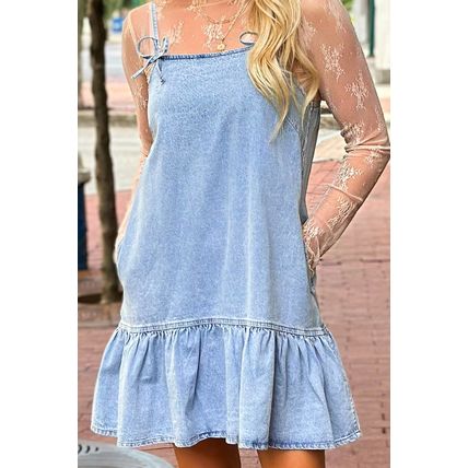Beau Blue Bow Detail Spaghetti Straps Ruffle Hem Denim Short Dress
