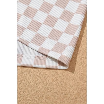 White Ribbed Texture Checkered Print 2pcs Tank and Pants Set