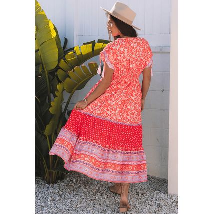 Red Floral Print Tasseled Tied Sleeve Empire Waist Maxi Dress