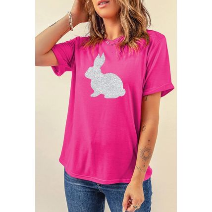 Rose Red Glitter Easter Bunny Graphic Crew Neck Tee