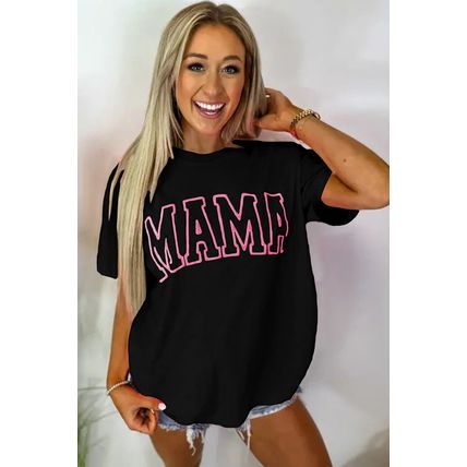 Black MAMA Letter Graphic Neon T Shirt