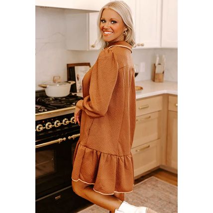 Desert Gold Quarter Zip Collar Bracelet Sleeve Textured Mini Dress