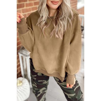 Dark Khaki Fuzzy Sherpa Splicing Pullover Sweatshirt with Side Slit
