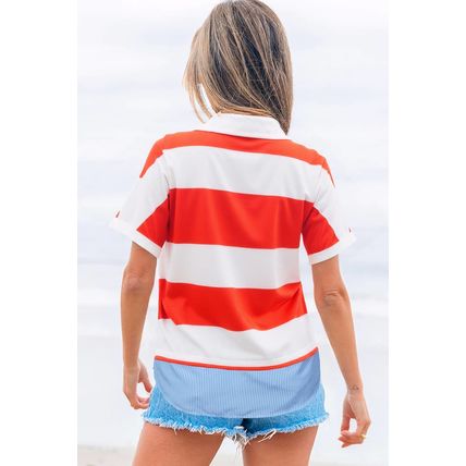 Red Stripe Collar V Neck Cuffed Dolman Short Sleeve Top