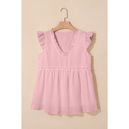 Light Pink Textured Ruffled Trim V Neck Flutter Flowy Top