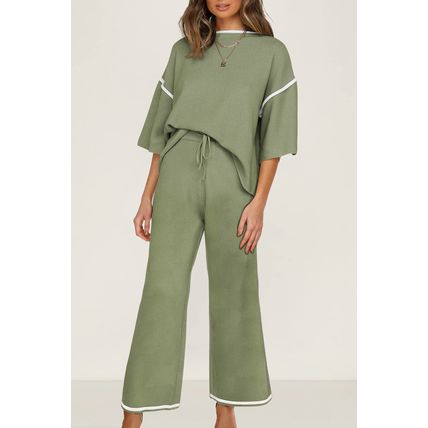 Guacamole Green Contrast Trim Half Sleeve Top Drawstring Pants Loose 2pcs Sweate