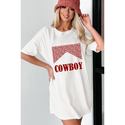 White Oversize COWBOY Graphic Round Neck Short Sleeve Tee