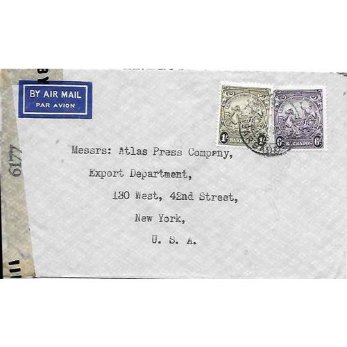 Barbados Air Mail 1940 to New York USA CENSORED "#6177"