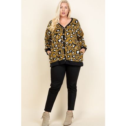 Plus Size Cozy Animal Mir Print With Brush Button Up Cardigan